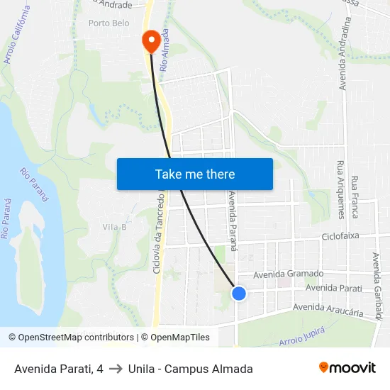 Avenida Parati, 4 to Unila - Campus Almada map