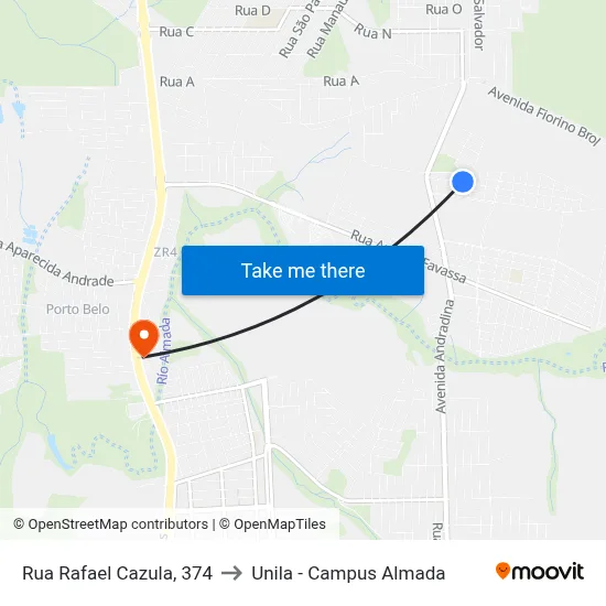 Rua Rafael Cazula, 374 to Unila - Campus Almada map