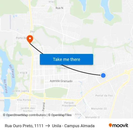 Rua Ouro Preto, 1111 to Unila - Campus Almada map