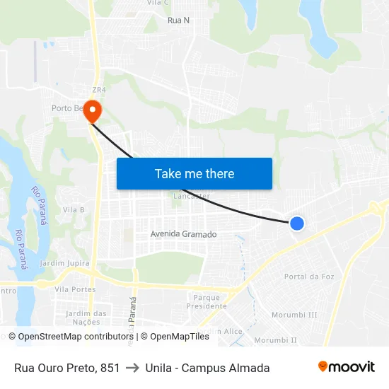 Rua Ouro Preto, 851 to Unila - Campus Almada map