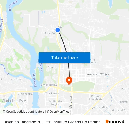 Avenida Tancredo Neves, 14834 to Instituto Federal Do Paraná - Campus Foz map