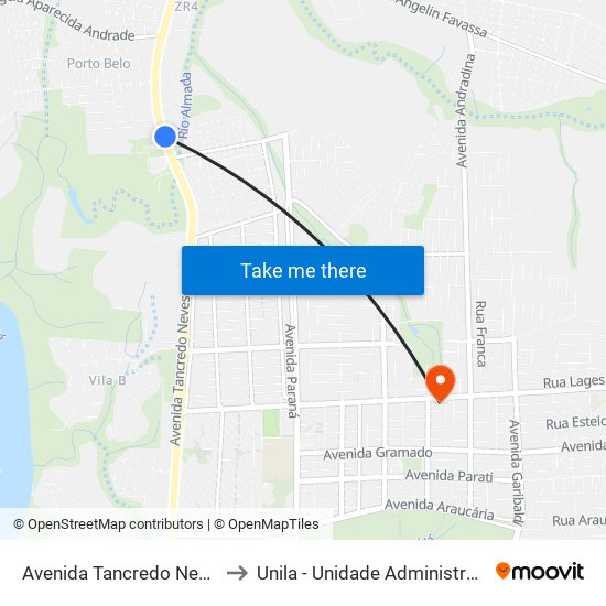 Avenida Tancredo Neves, 3510 to Unila - Unidade Administrativa Vila A map