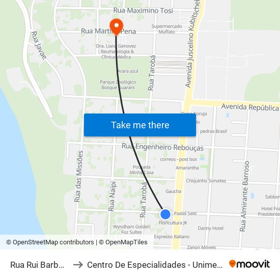 Rua Rui Barbosa, 627 to Centro De Especialidades - Unimed Foz Do Iguaçu map