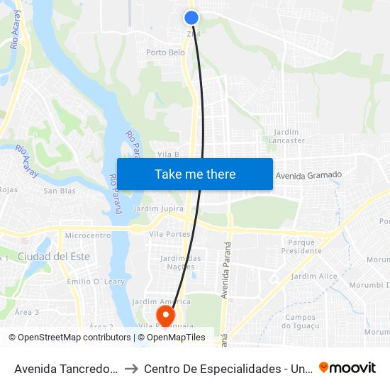 Avenida Tancredo Neves, 5057 to Centro De Especialidades - Unimed Foz Do Iguaçu map