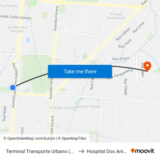 Terminal Transporte Urbano (Ala 01) to Hospital Dos Animais map