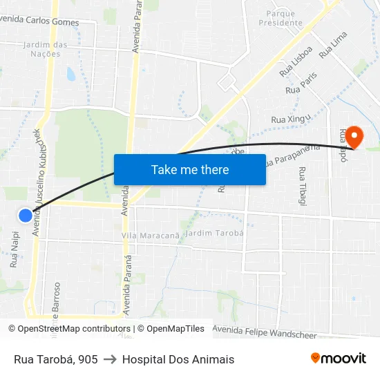 Rua Tarobá, 905 to Hospital Dos Animais map