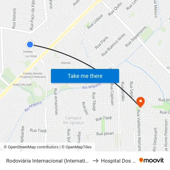 Rodoviária Internacional (International Bus Station) to Hospital Dos Animais map