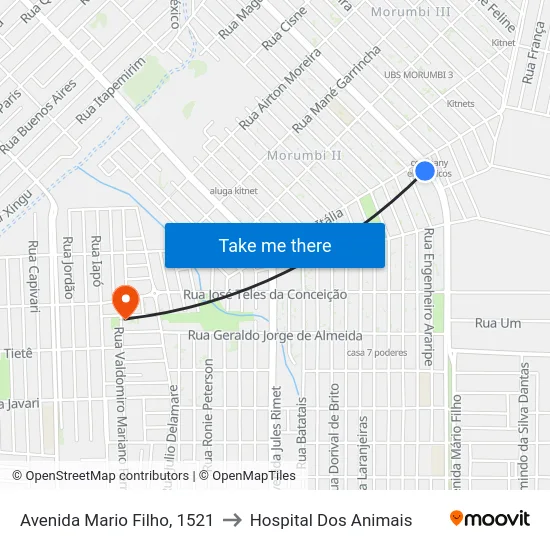 Avenida Mario Filho, 1521 to Hospital Dos Animais map
