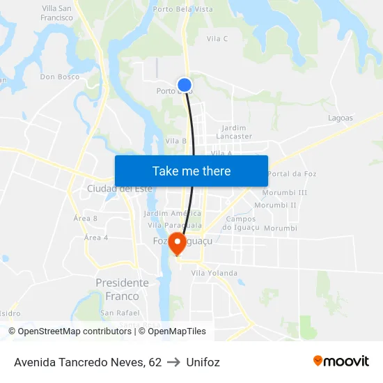 Avenida Tancredo Neves, 62 to Unifoz map