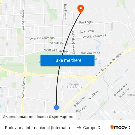 Rodoviária Internacional (International Bus Station) to Campo De Futebol map