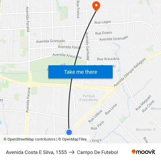 Avenida Costa E Silva, 1555 to Campo De Futebol map