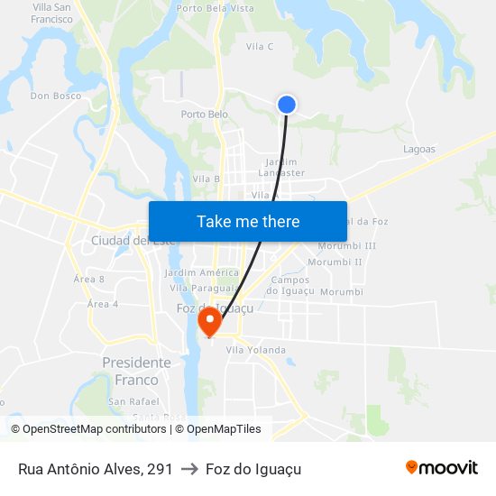 Rua Antônio Alves, 291 to Foz do Iguaçu map