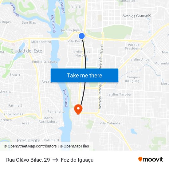 Rua Olávo Bilac, 29 to Foz do Iguaçu map