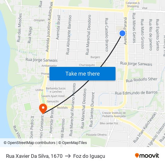 Rua Xavier Da Silva, 1670 to Foz do Iguaçu map