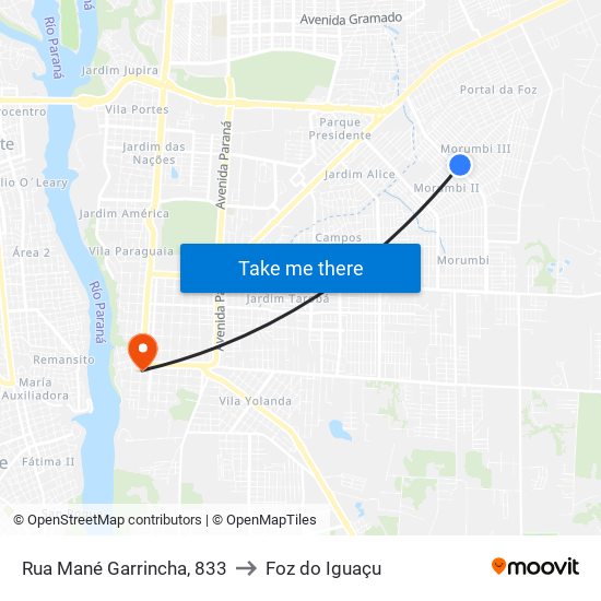 Rua Mané Garrincha, 833 to Foz do Iguaçu map