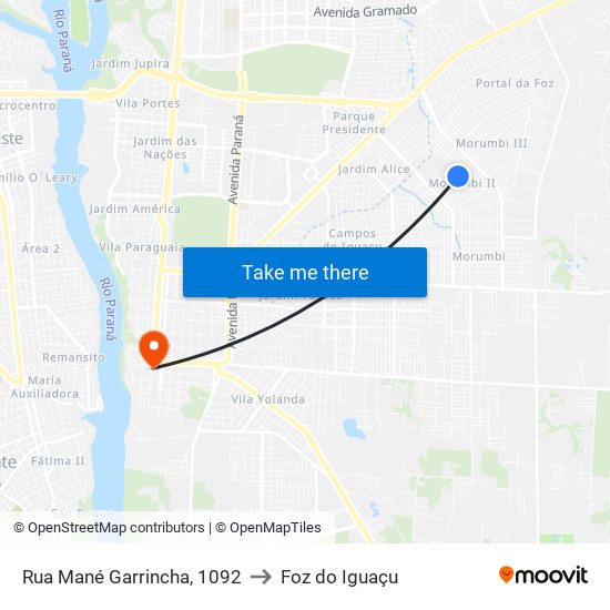 Rua Mané Garrincha, 1092 to Foz do Iguaçu map