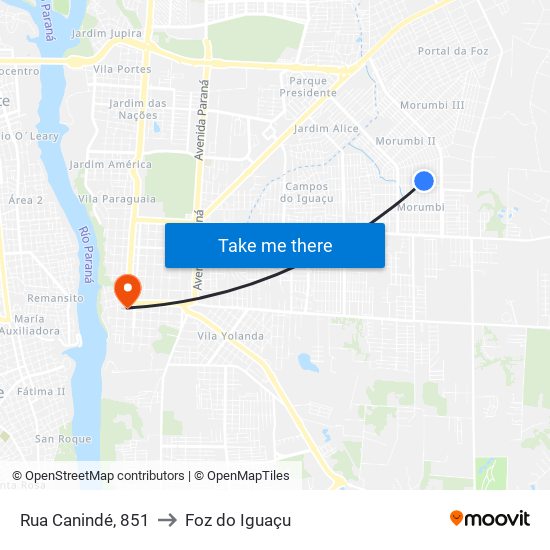 Rua Canindé, 851 to Foz do Iguaçu map