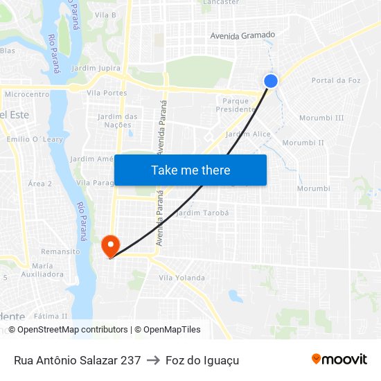 Rua Antônio Salazar 237 to Foz do Iguaçu map