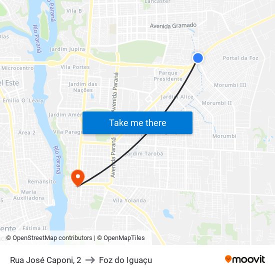 Rua José Caponi, 2 to Foz do Iguaçu map