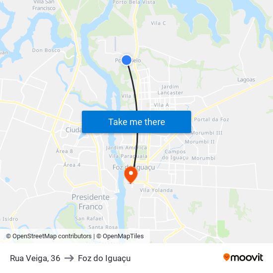 Rua Veiga, 36 to Foz do Iguaçu map