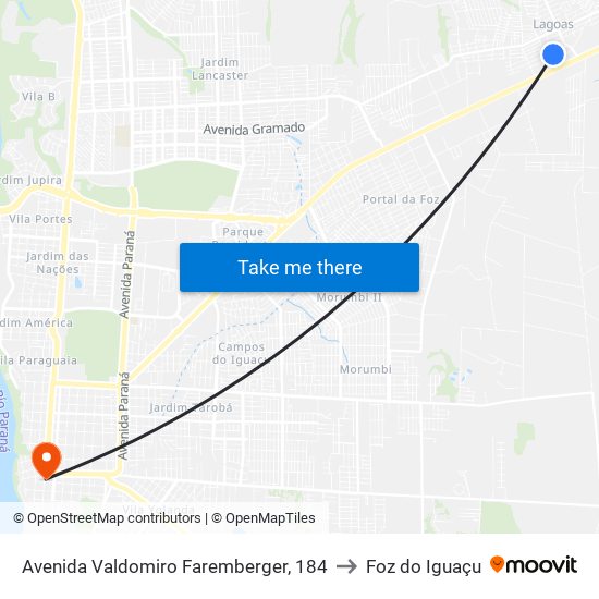 Avenida Valdomiro Faremberger, 184 to Foz do Iguaçu map