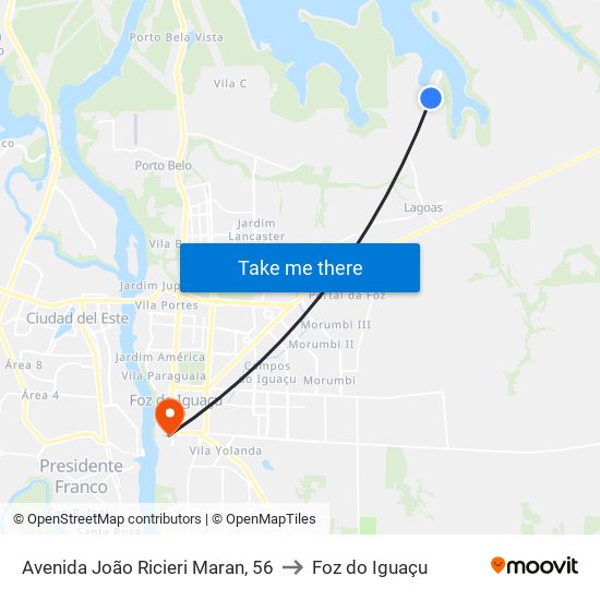 Avenida João Ricieri Maran, 56 to Foz do Iguaçu map