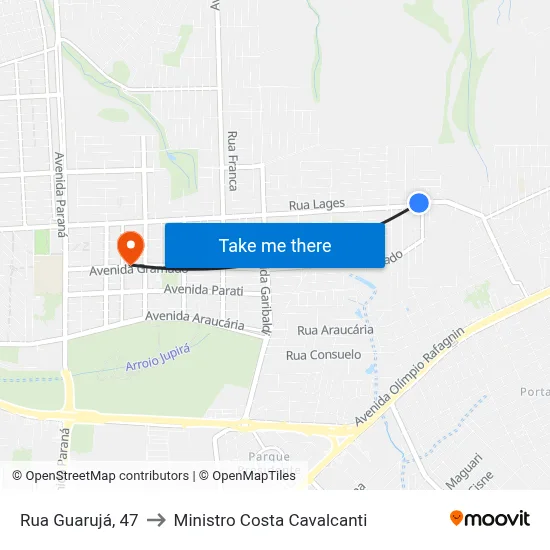 Rua Guarujá, 47 to Ministro Costa Cavalcanti map