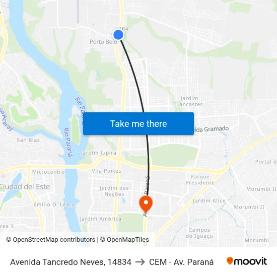 Avenida Tancredo Neves, 14834 to CEM - Av. Paraná map