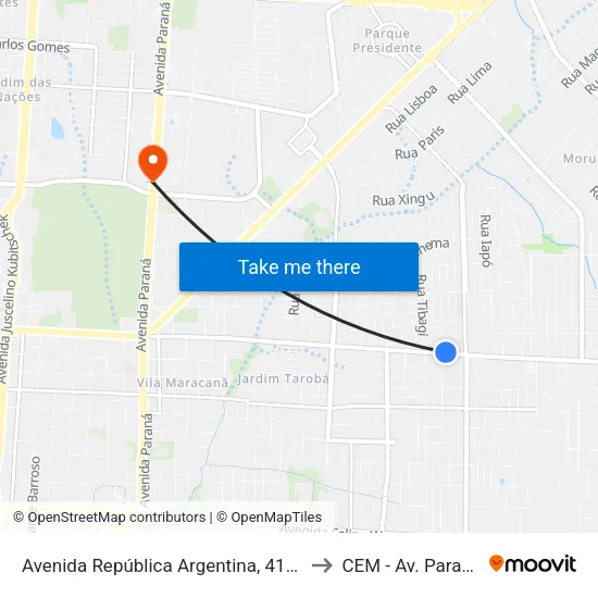 Avenida República Argentina, 4199 to CEM - Av. Paraná map