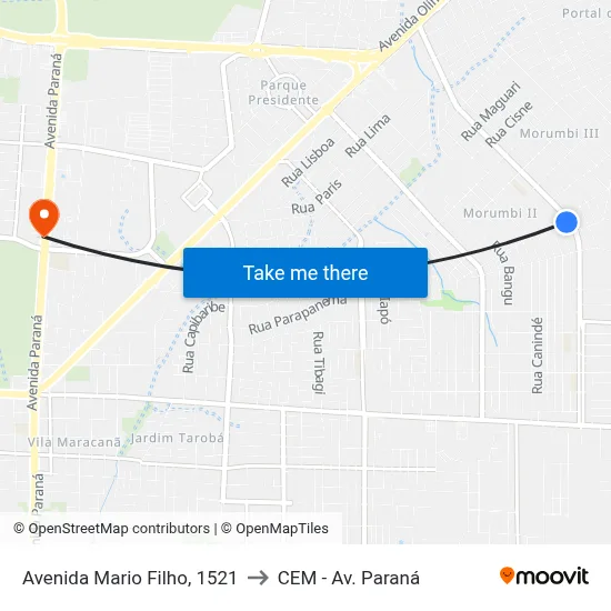 Avenida Mario Filho, 1521 to CEM - Av. Paraná map