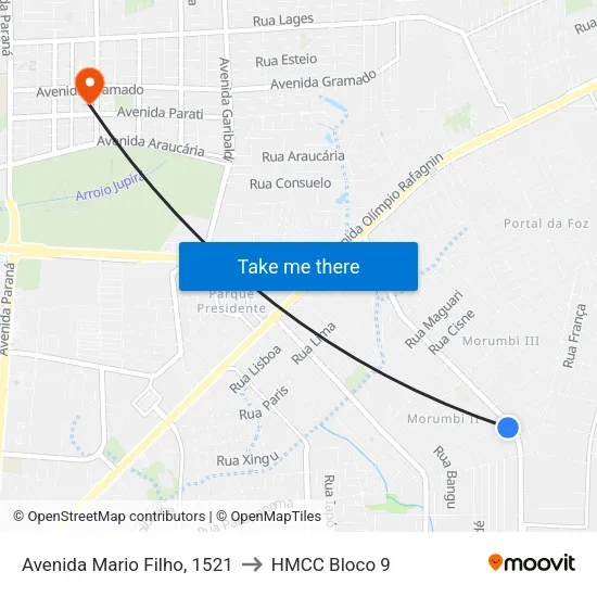 Avenida Mario Filho, 1521 to HMCC Bloco 9 map