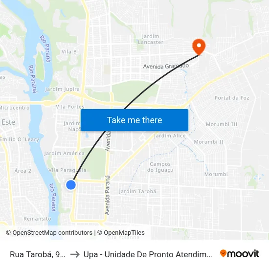 Rua Tarobá, 905 to Upa - Unidade De Pronto Atendimento map
