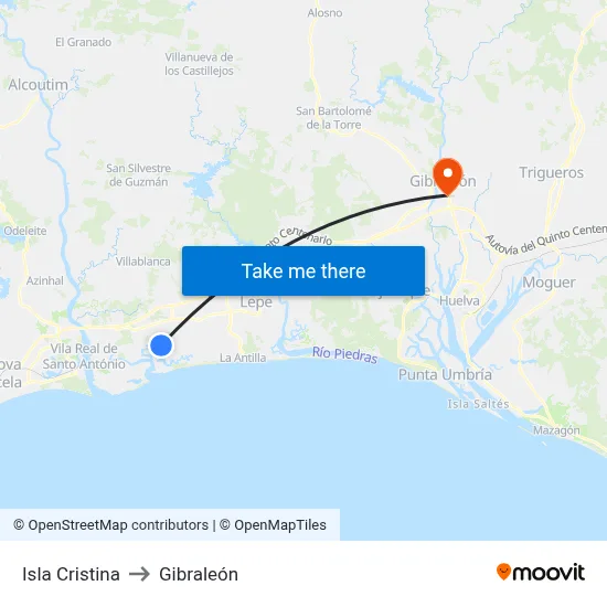 Isla Cristina to Gibraleón map