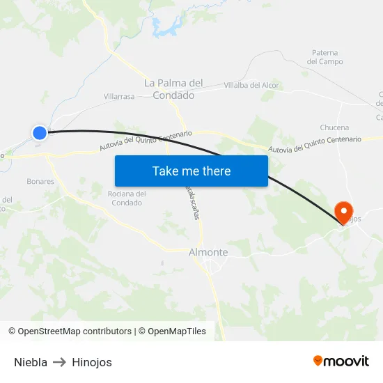 Niebla to Hinojos map