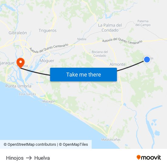 Hinojos to Huelva map