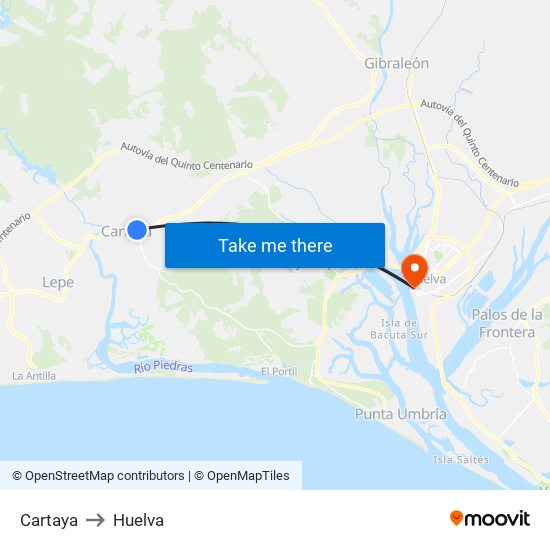 Cartaya to Huelva map