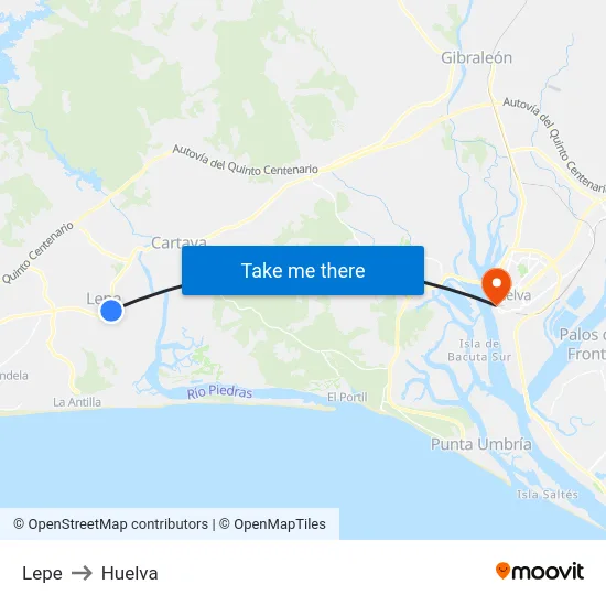 Lepe to Huelva map