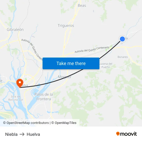 Niebla to Huelva map