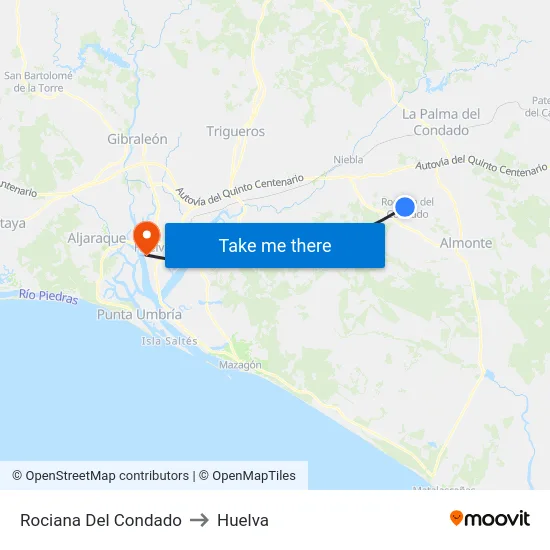 Rociana Del Condado to Huelva map