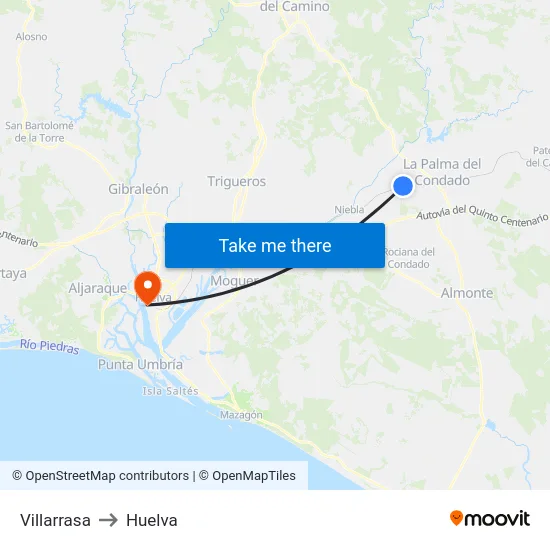 Villarrasa to Huelva map