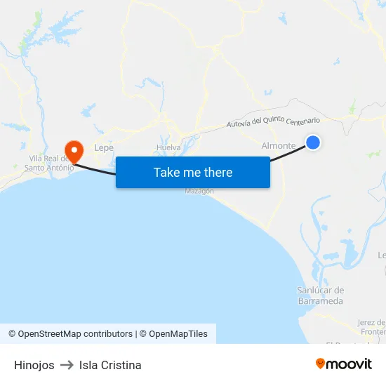 Hinojos to Isla Cristina map