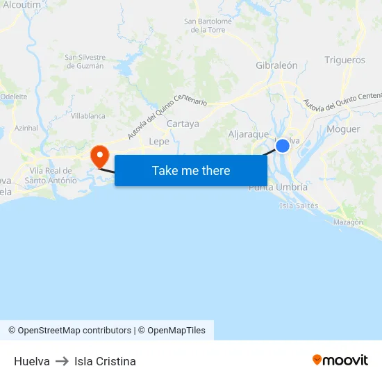 Huelva to Isla Cristina map