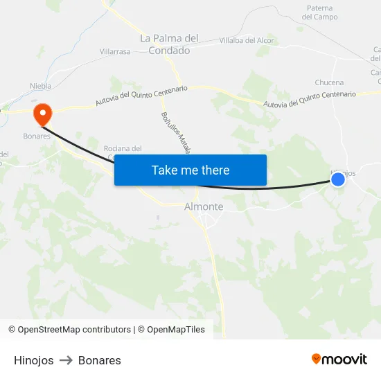 Hinojos to Bonares map