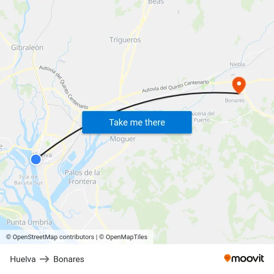 Huelva to Bonares map