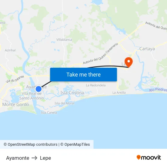 Ayamonte to Lepe map