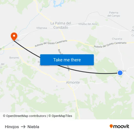Hinojos to Niebla map