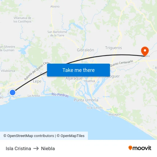 Isla Cristina to Niebla map