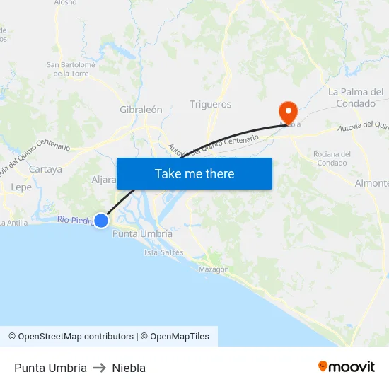 Punta Umbría to Niebla map