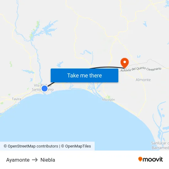 Ayamonte to Niebla map