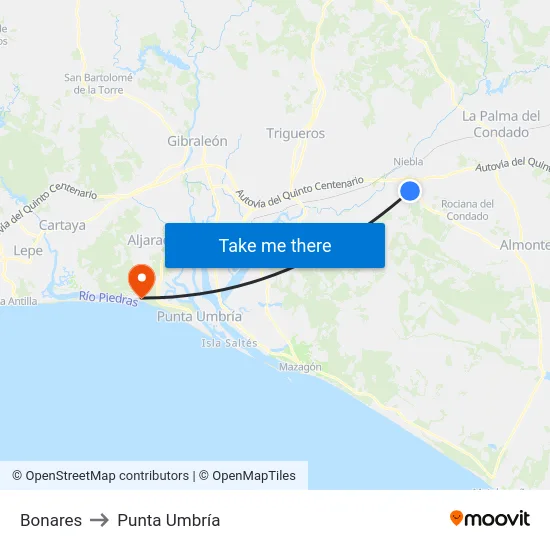 Bonares to Punta Umbría map